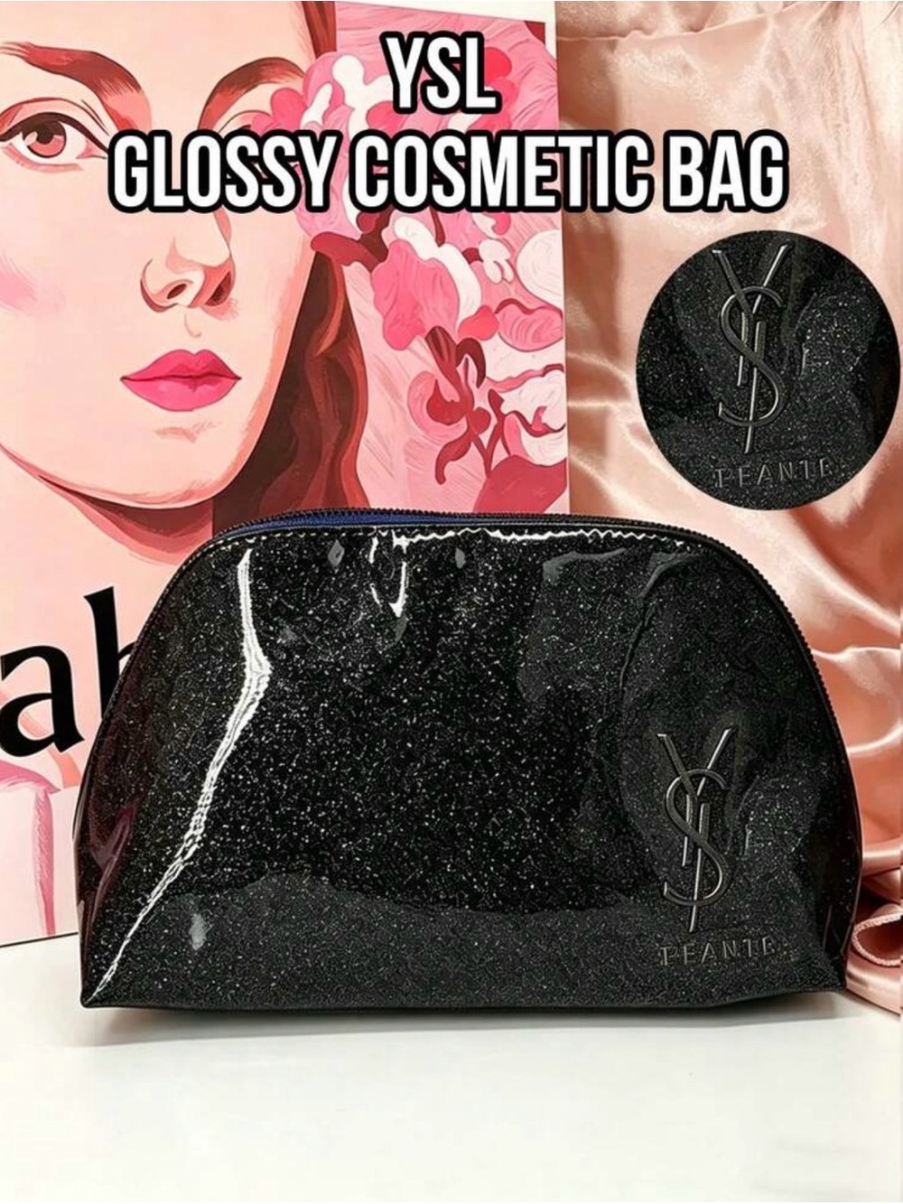 Yves Saint Laurent Black Glossy Glitter Cosmetic Pouch